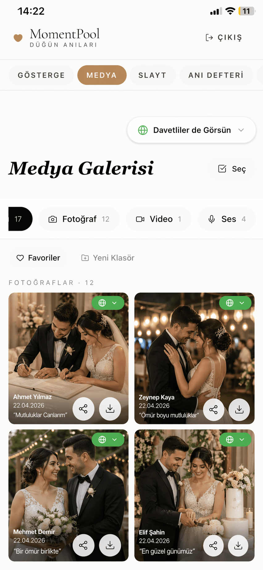 MomentPool düğün fotoğraf galerisi ekranı